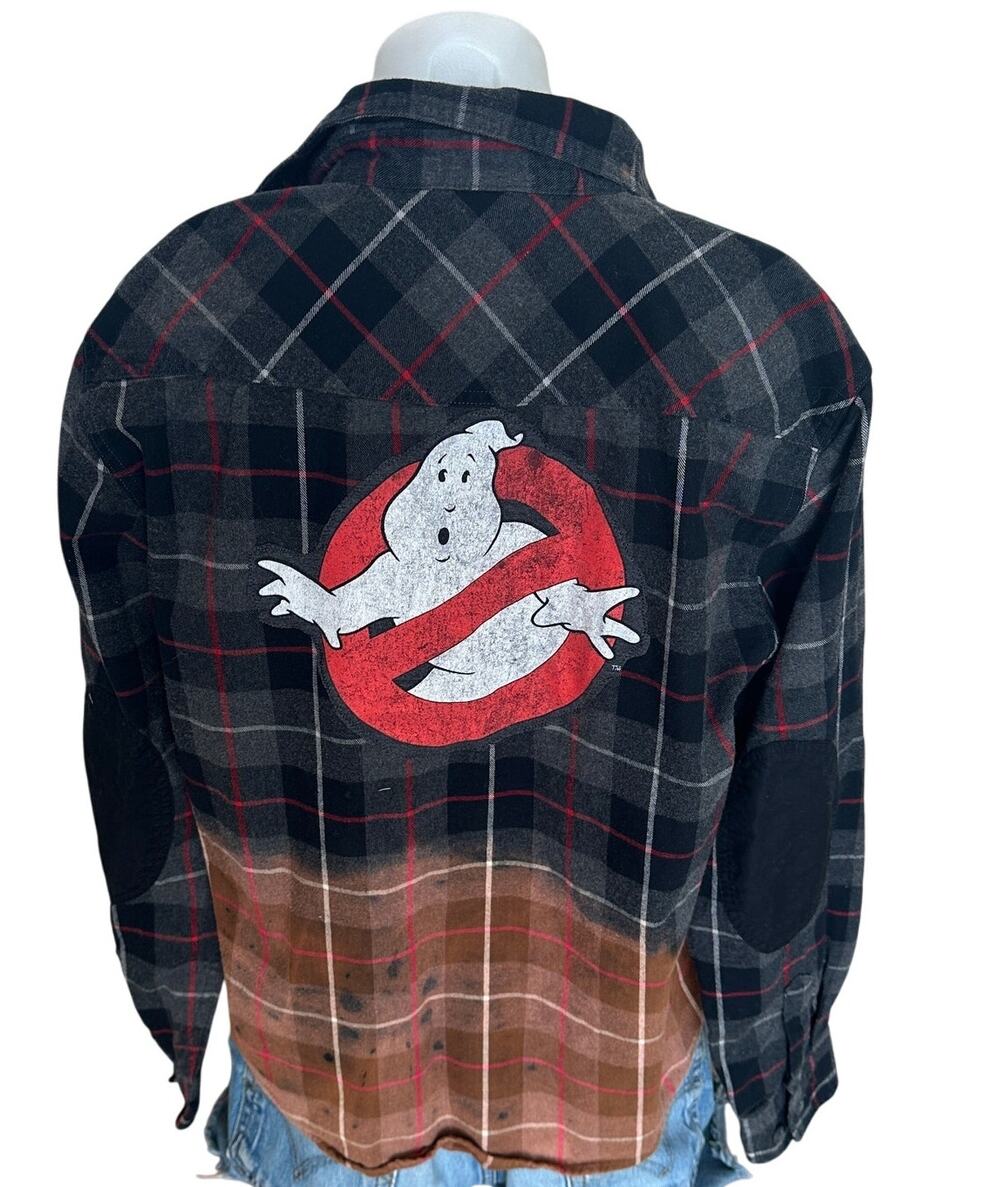 GhostBusters Plaid Flannel Shirt Shacket SMALL Oversized Unique Upcycled Spooky